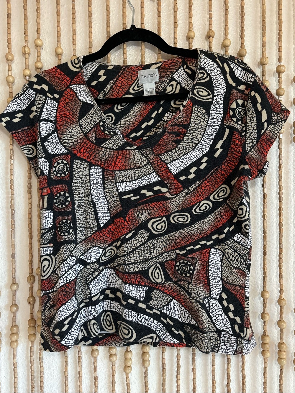 Chico's Black, Red & White Abstract Scoop Neck Top